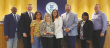 Courtesy Photos/City of Ennis Commissioners Bruce Jones, Scott Hejny and Cathy Falkenbach, retiring City Secretary Angie Wade (center), Mayor Lynda Isbell, Mayor Pro Tem David Espedal, and Commissioners Doris Polk and Eric Pierce.